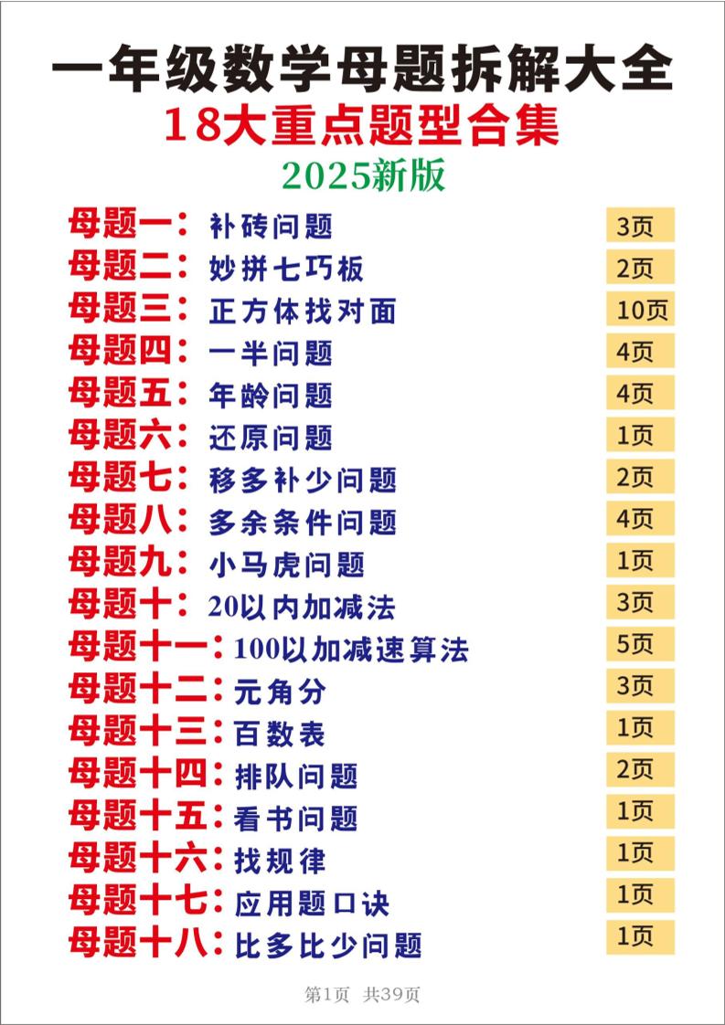 25一年级下册数学十八大母题重点题型39页-伏羲SAAS