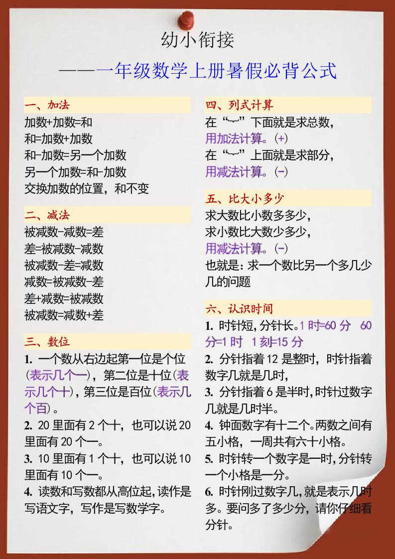 幼小衔接一年级数学上册暑假必背公式-伏羲SAAS