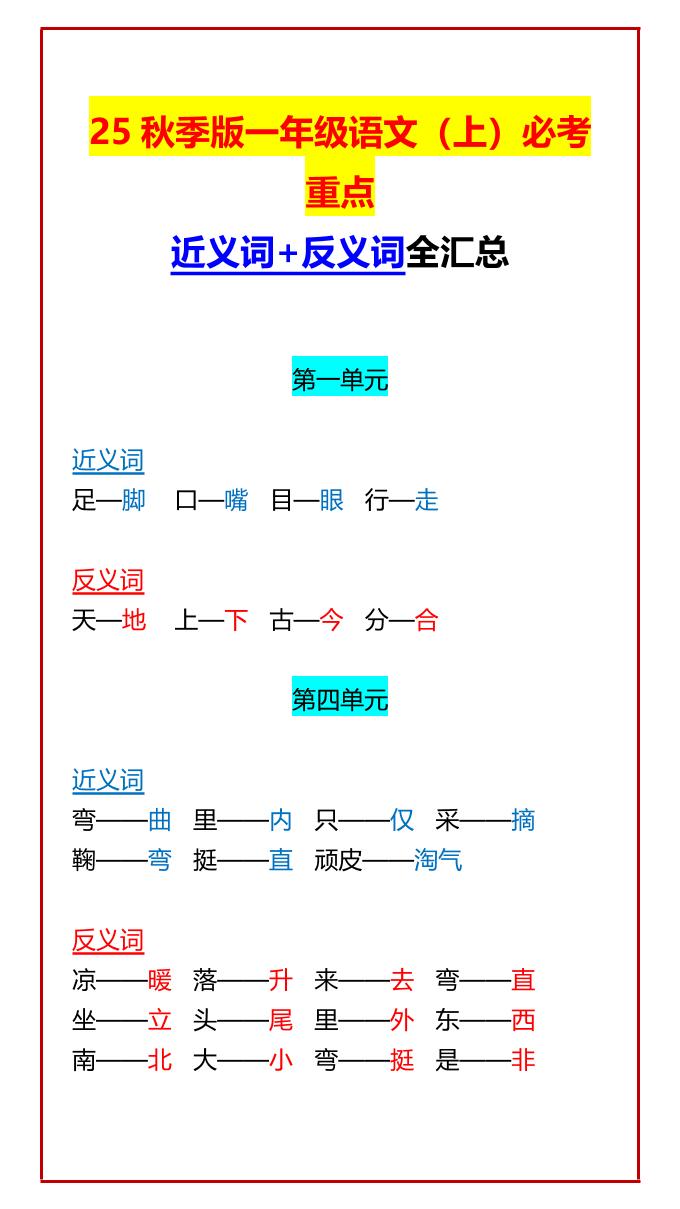 【2025秋新版】一年级语文上必考重点近义词+反义词全汇总-伏羲SAAS
