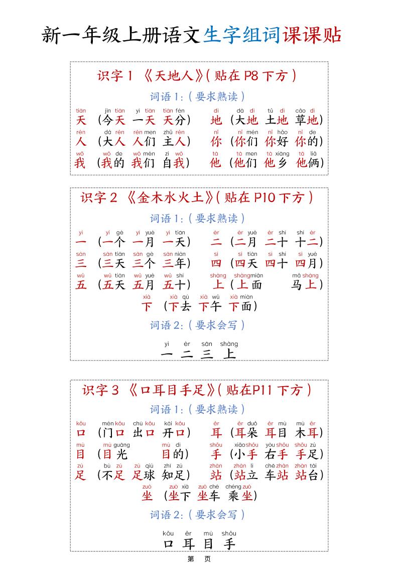新一上语文生字组词课课贴15页-伏羲SAAS