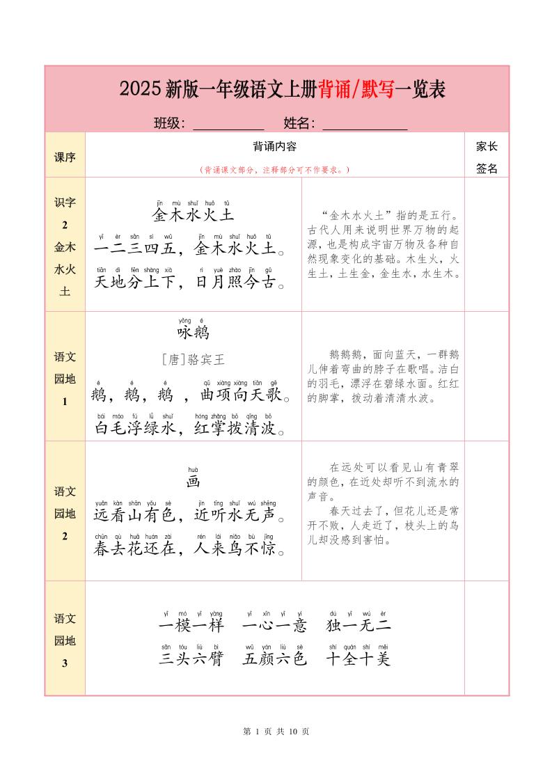 一上语文【25秋-必背内容+默写表】-伏羲SAAS