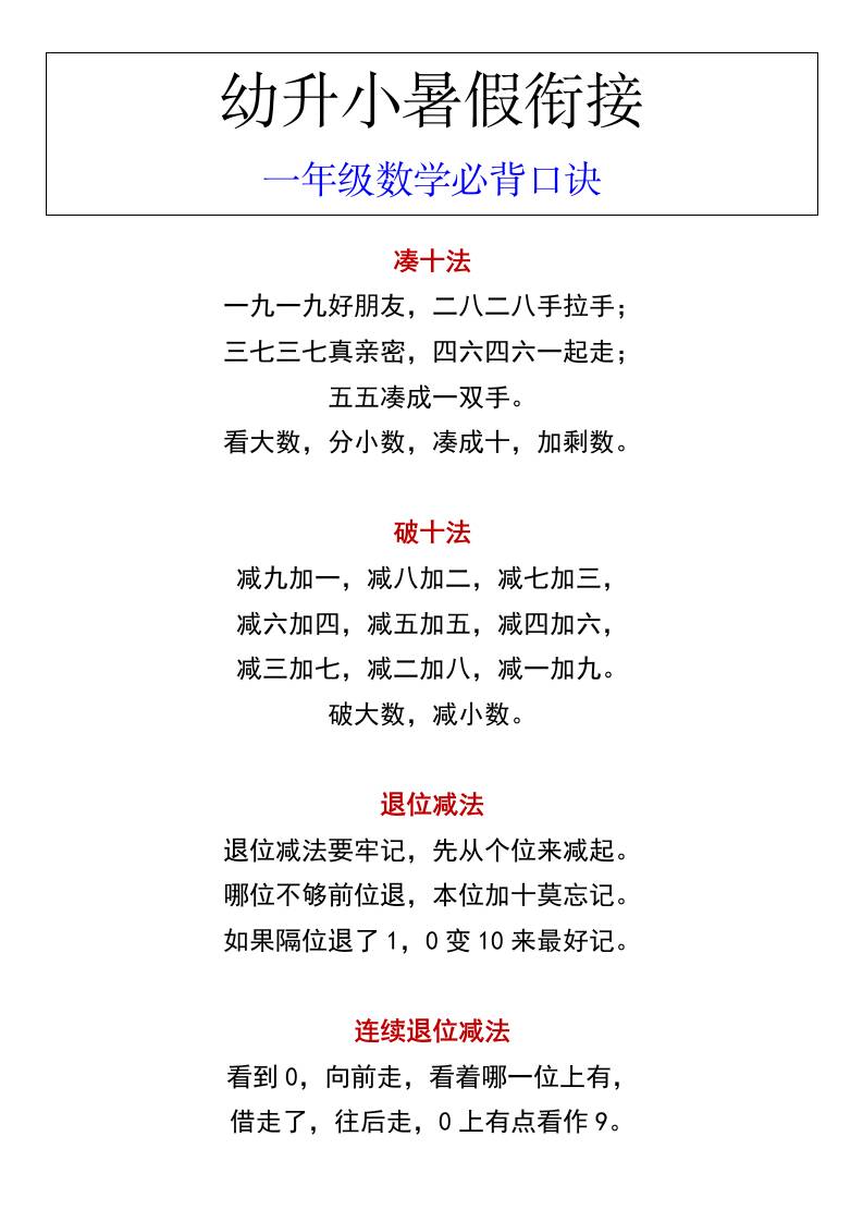 幼升小暑假衔接一年级数学必背口诀-伏羲SAAS