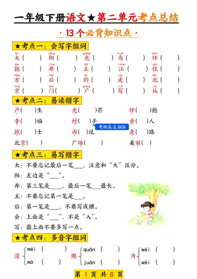 2025新版一年级语文下册第二单元考点总结13个必背-伏羲SAAS