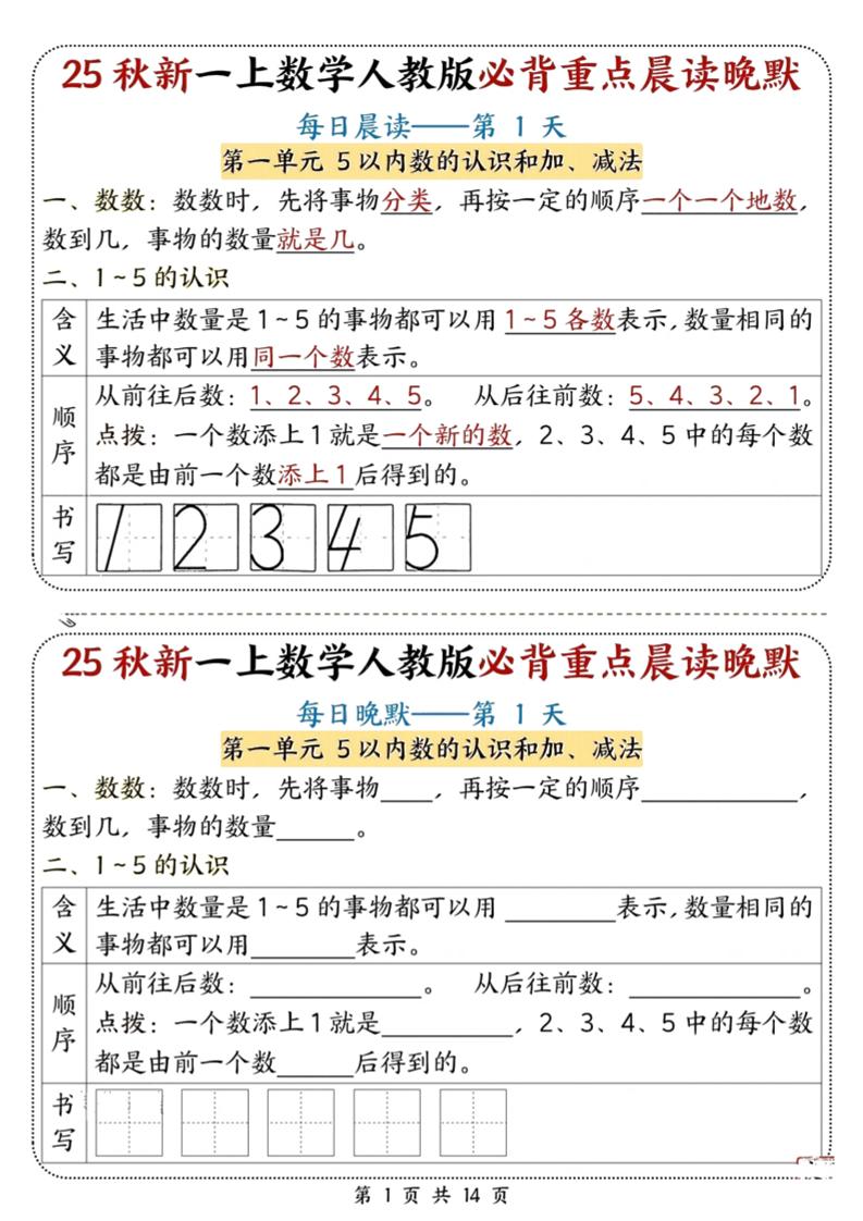 25秋新一上数学必背重点晨读晚默（人教版14页）-伏羲SAAS