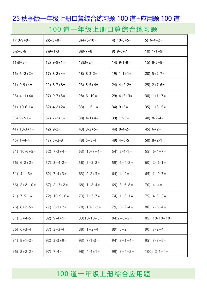 【2025秋新版】一年级上册口算综合练习题100道+应用题100道-一上数学-伏羲SAAS