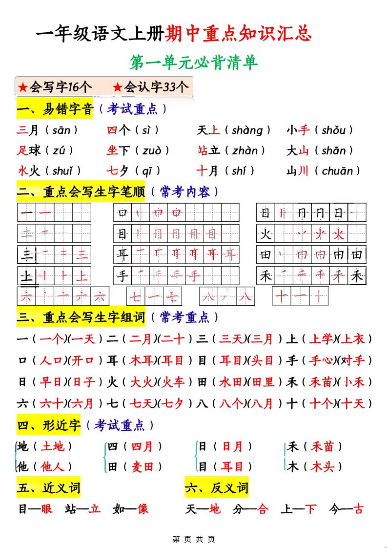 一年级上语文期中重点知识汇总-伏羲SAAS