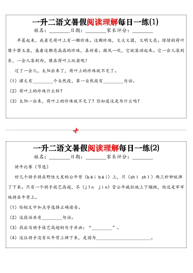 一升二语文暑假阅读理解每日一练32天（16页）-二上语文-伏羲SAAS