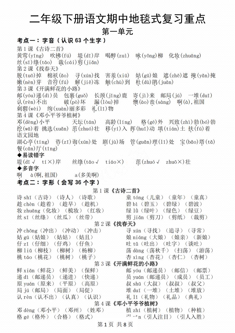 二年级下册语文期中地毯式复习重点8页-伏羲SAAS