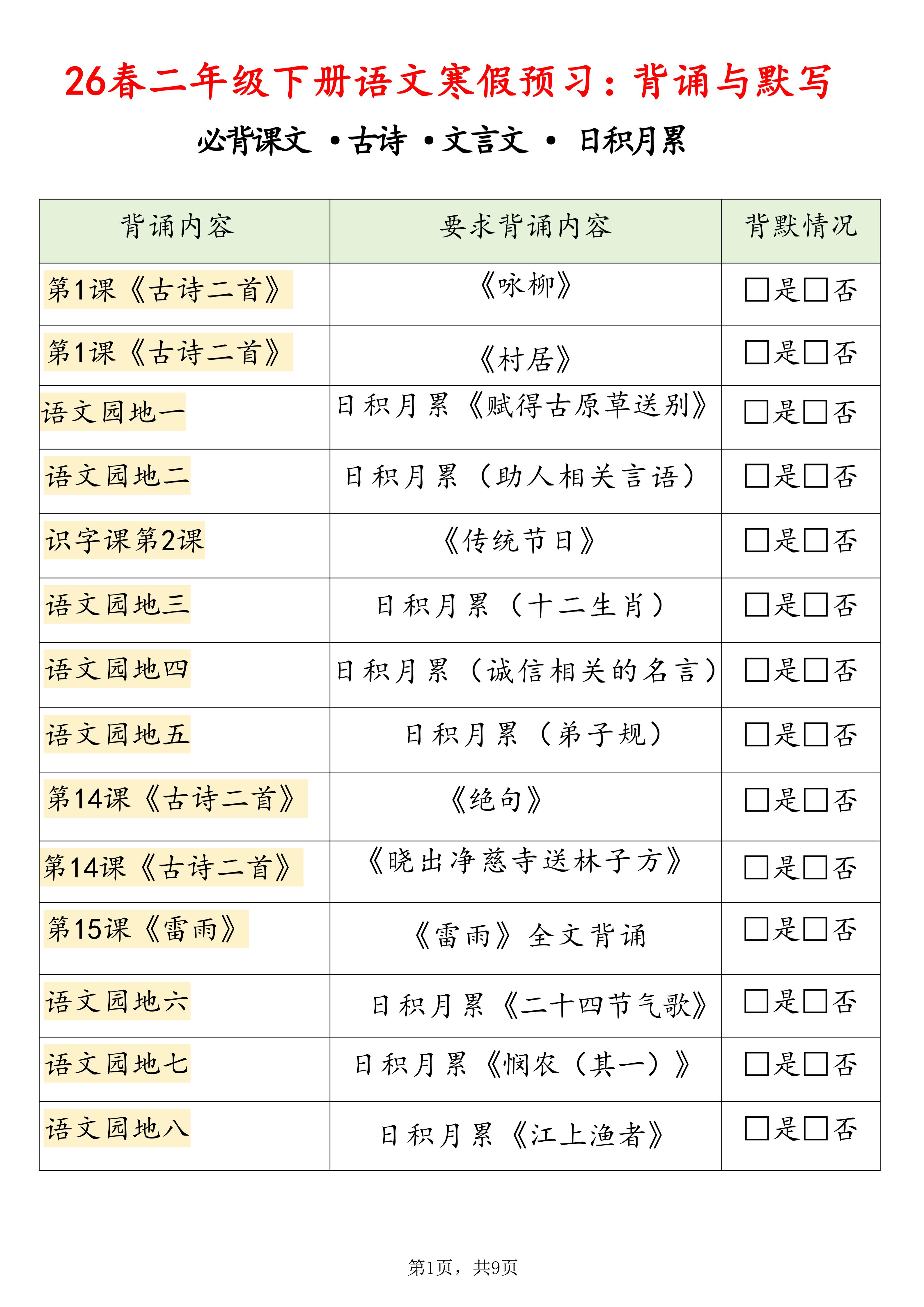 26春二下语文寒假预习背诵与默写（必背课文、古诗、文言文、日积月累）9页-伏羲SAAS