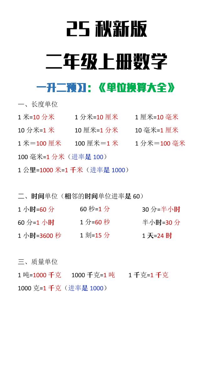 【2025秋新版】二年级上册数学单位换算大全-伏羲SAAS