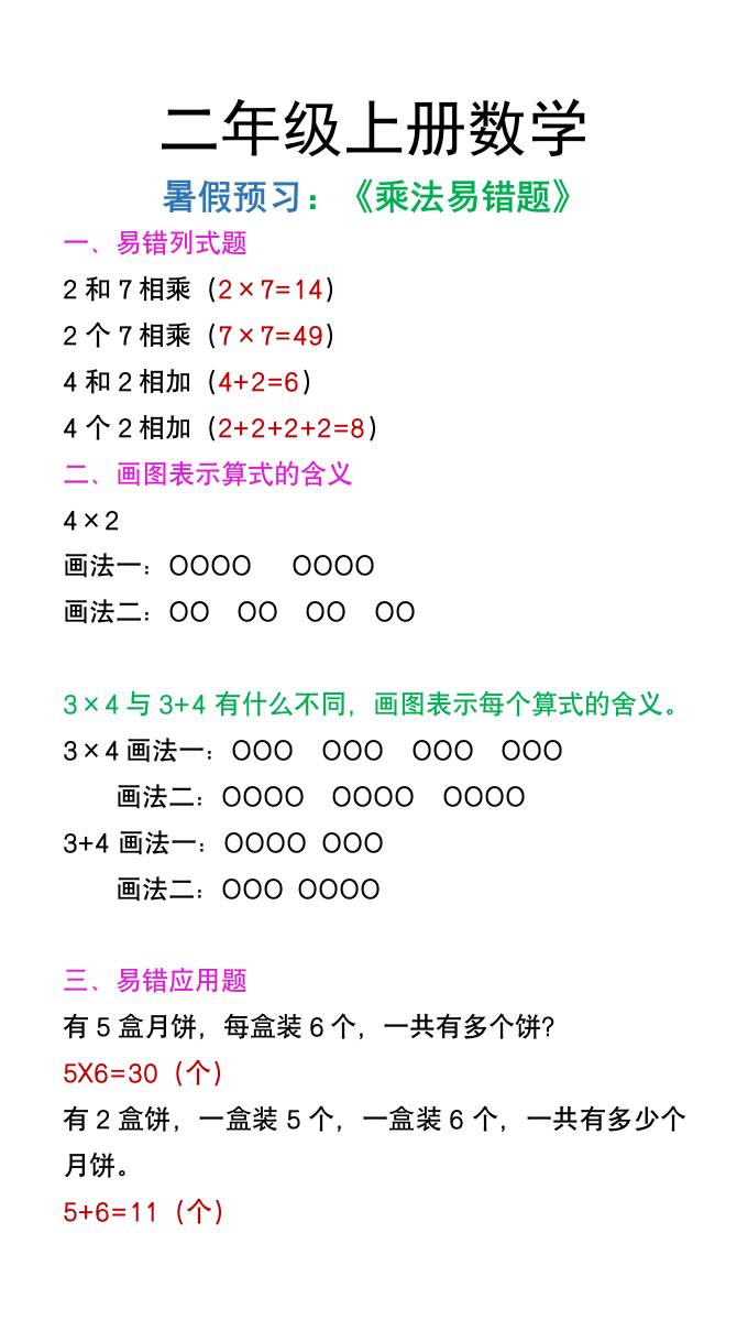 二年级上册数学暑假预习《乘法易错题》-伏羲SAAS