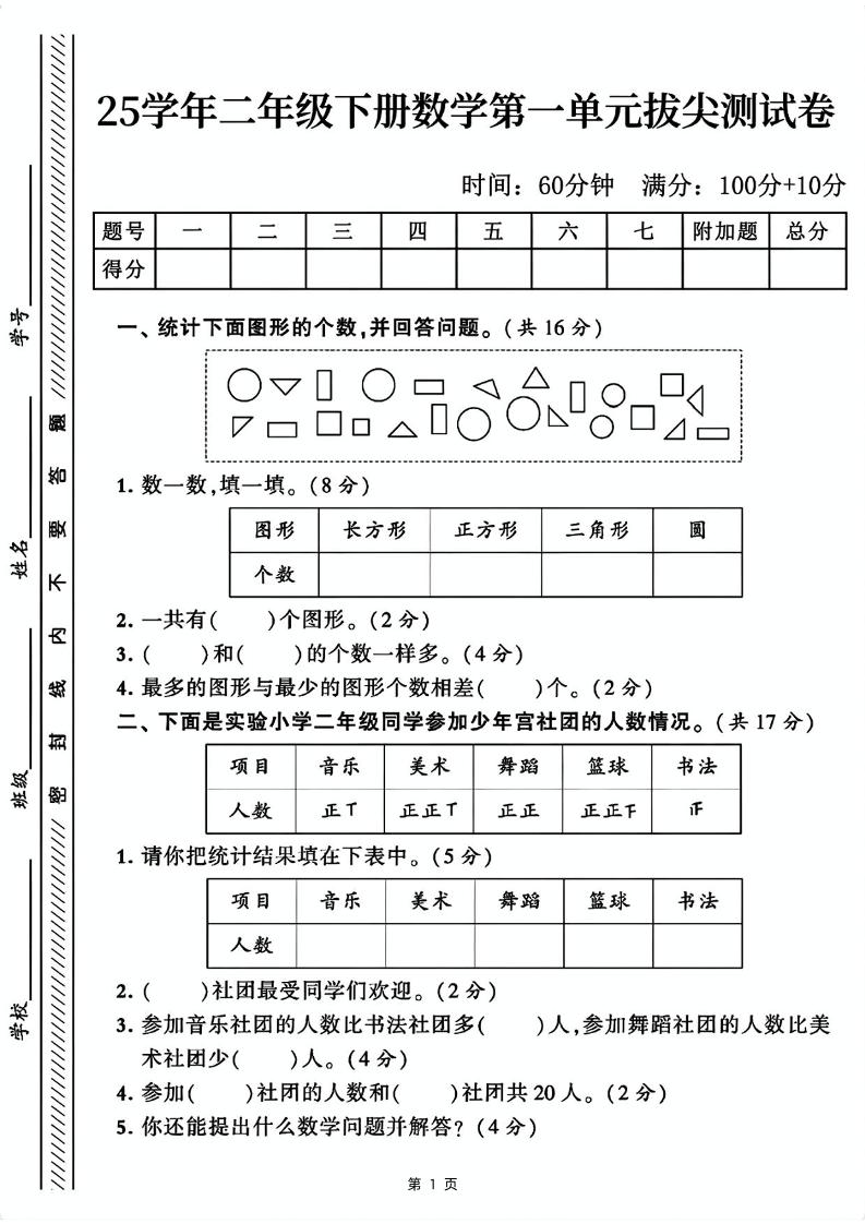 25二下数学第一单元拔尖测试卷1（含答案5页）人教-伏羲SAAS