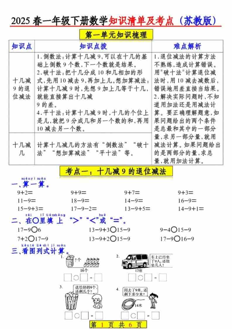一年级下数学知识清单及考点《苏教版》（衔接版）-伏羲SAAS