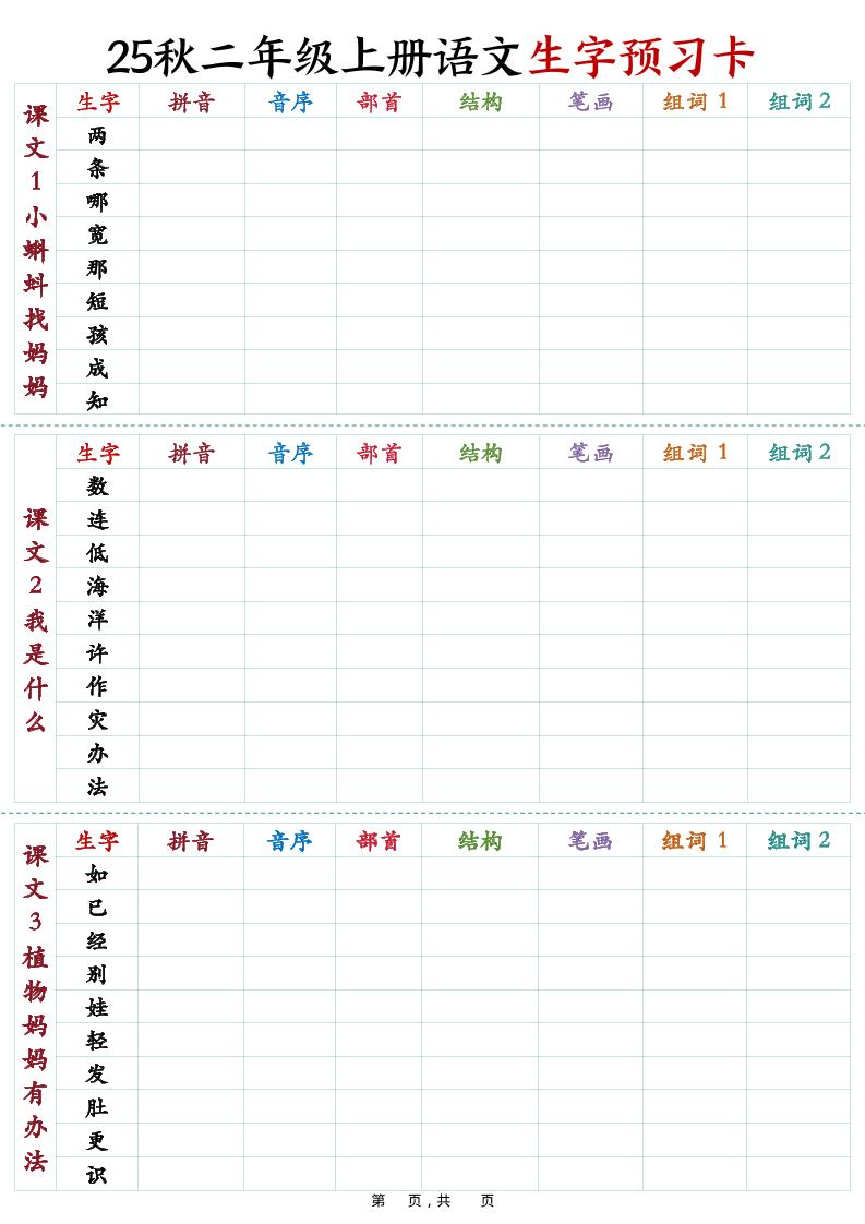 25秋新二上语文生字预习卡（11页）-伏羲SAAS