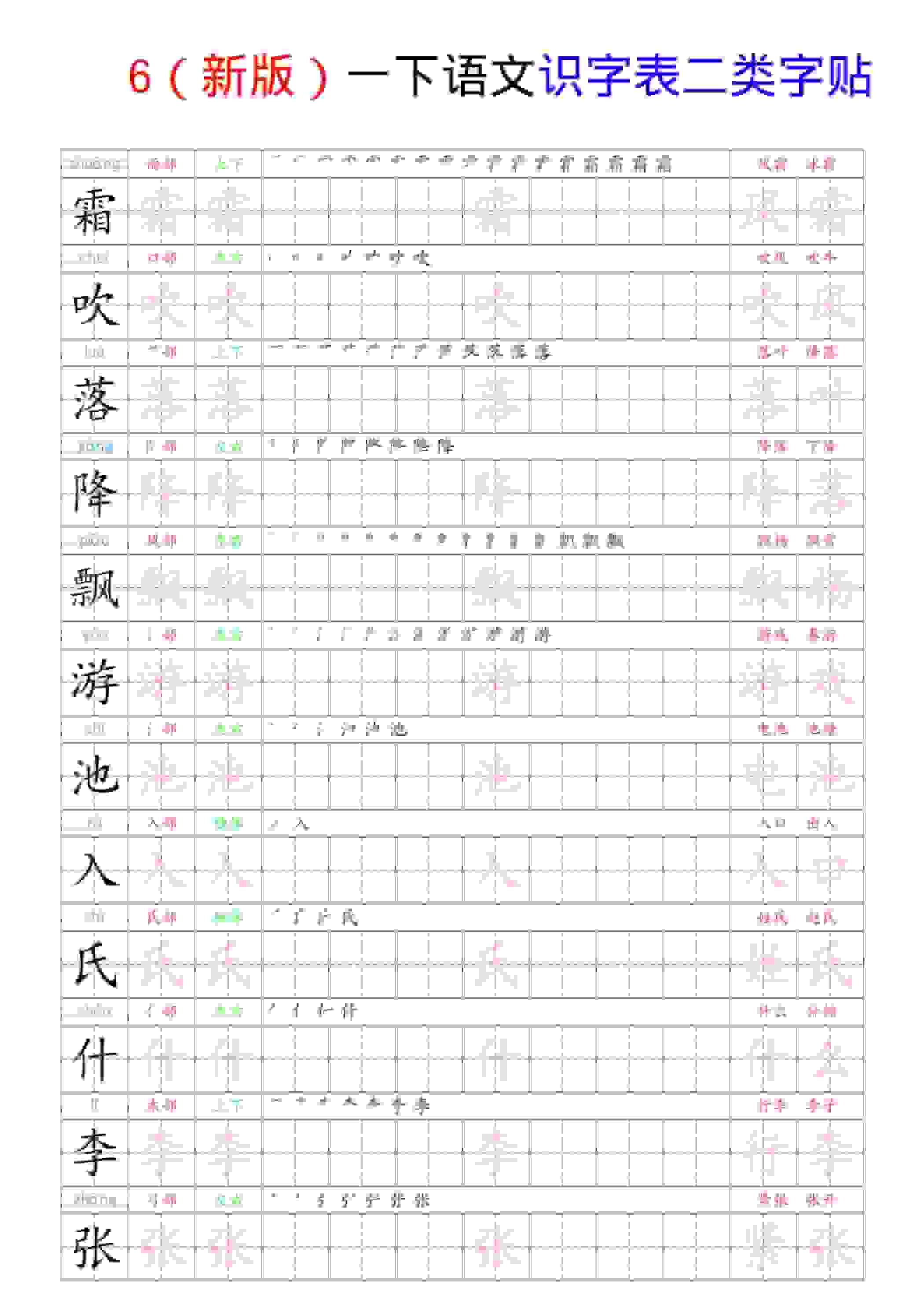 一年级下语文识字表二类字贴-伏羲SAAS