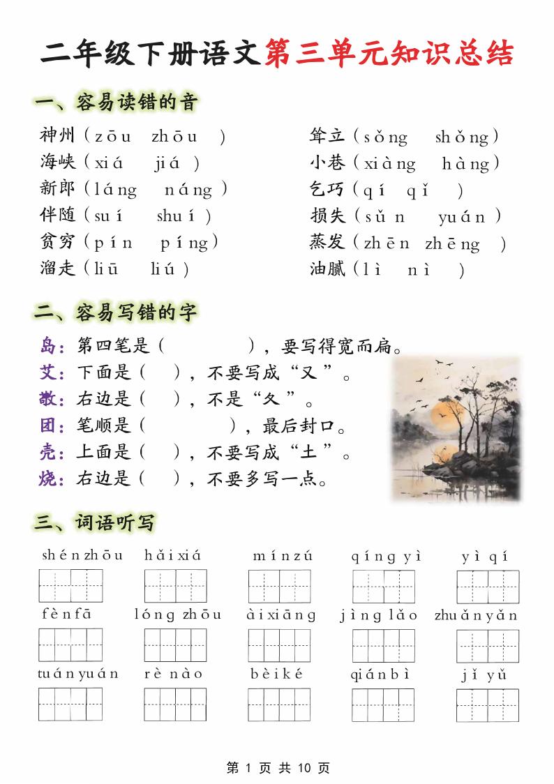 【第三单元】二下语文重点知识总结(填)纯图版10页-伏羲SAAS