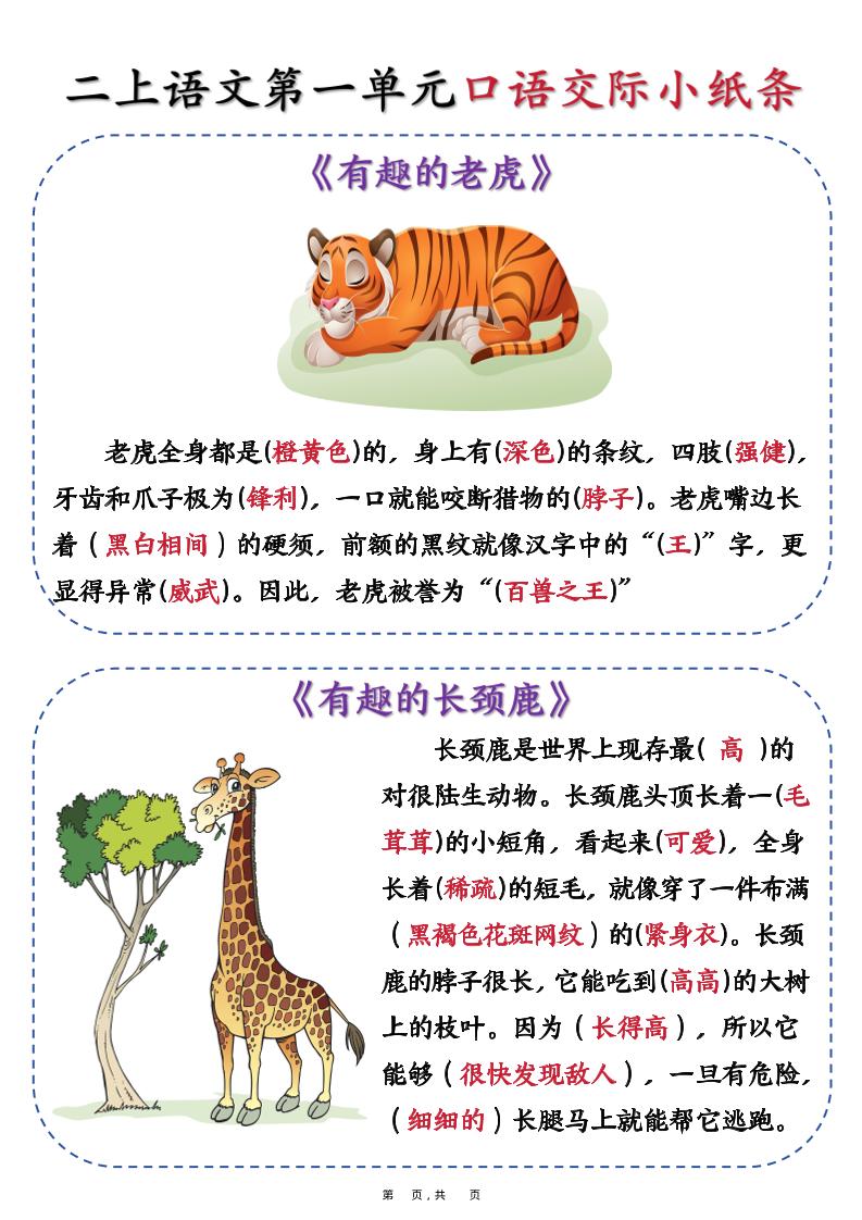 新二上语文第一单元《有趣的动物》口语交际小纸条(含空白14页)-伏羲SAAS