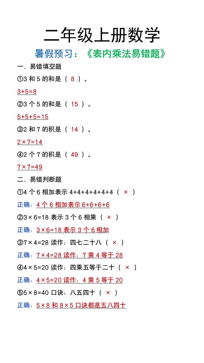 二年级上册数学暑假预习《表内乘法易错题》-伏羲SAAS