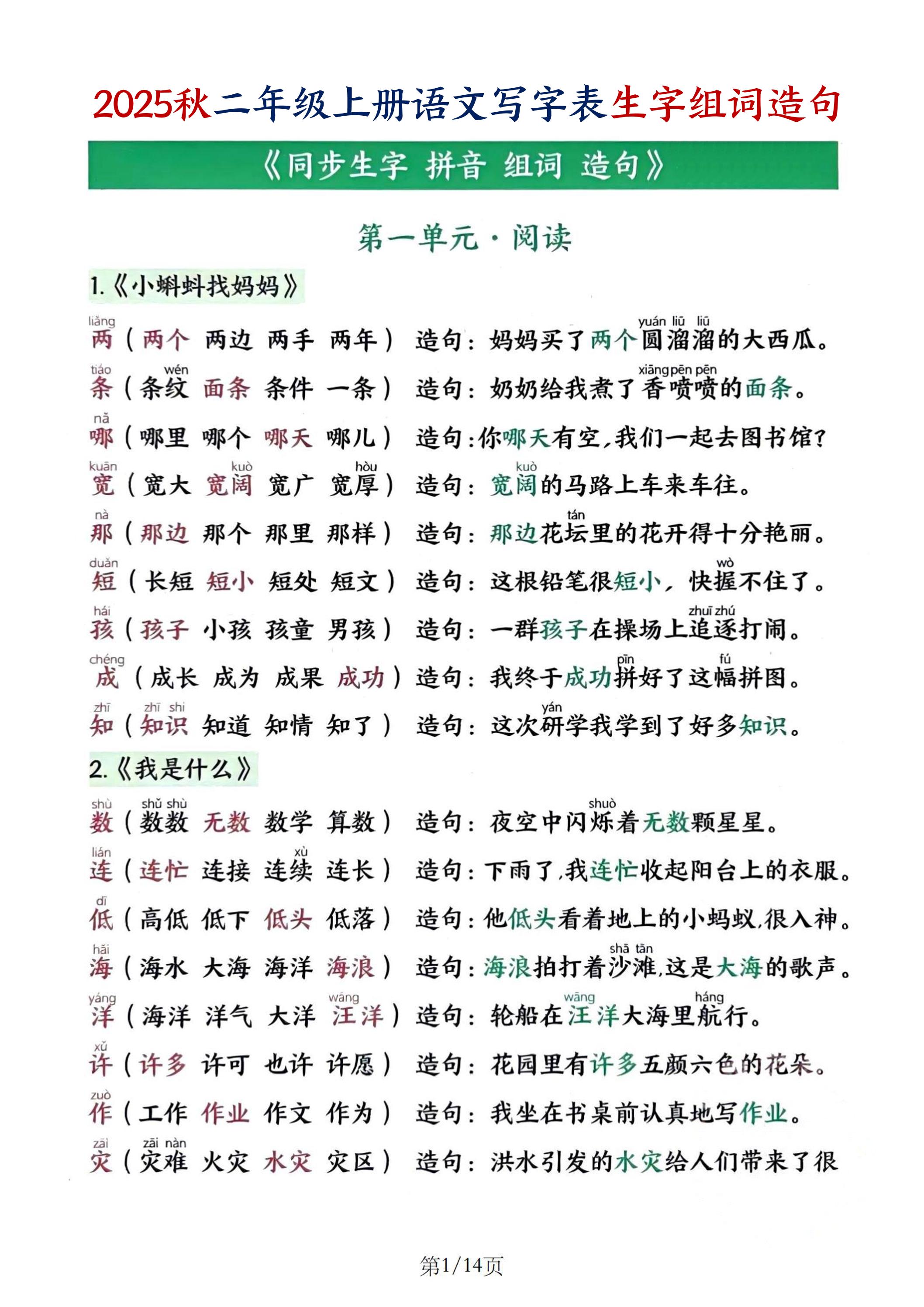 25秋二上语文写字表生字组词造句(14页)-伏羲SAAS