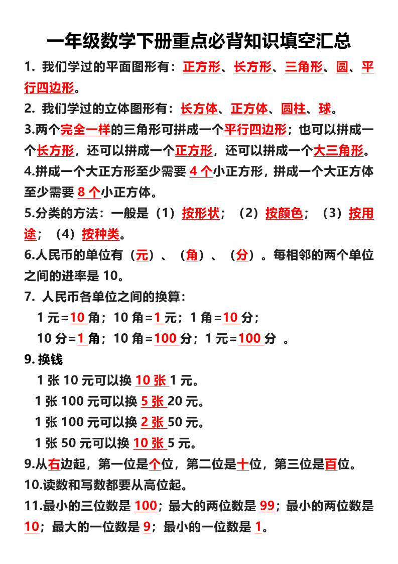 一年级下数学重点必背知识填空汇总-伏羲SAAS