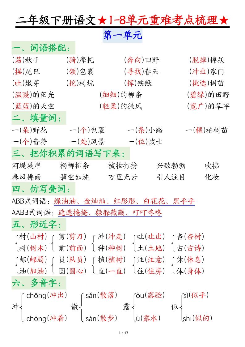 二下语文期末复习1-8单元重难考点梳理总结（17页）-伏羲SAAS