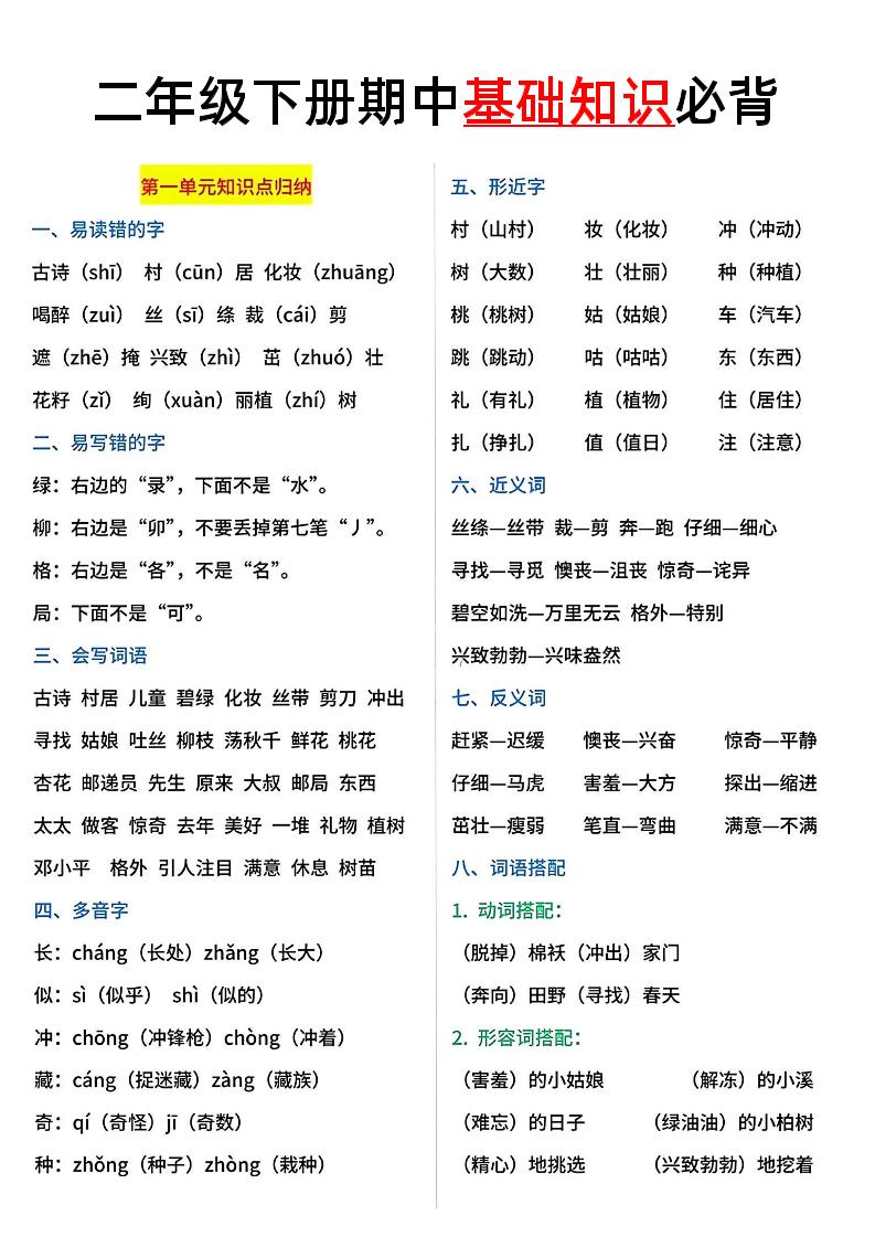 二年级语文下册期中基础知识必背5页-伏羲SAAS