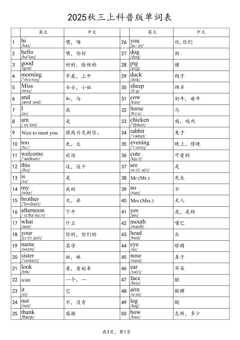 2025秋三上英语科普版单词表-伏羲SAAS