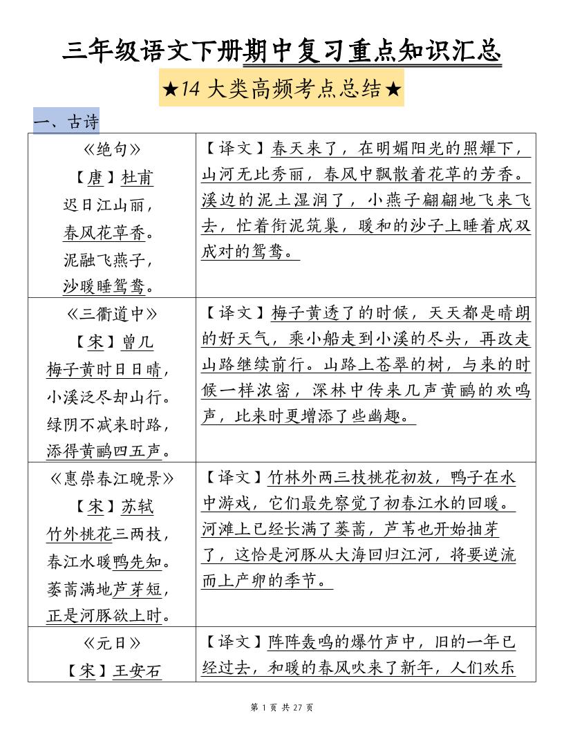 三下语文期中复习重点知识汇总-14大高频考点-伏羲SAAS