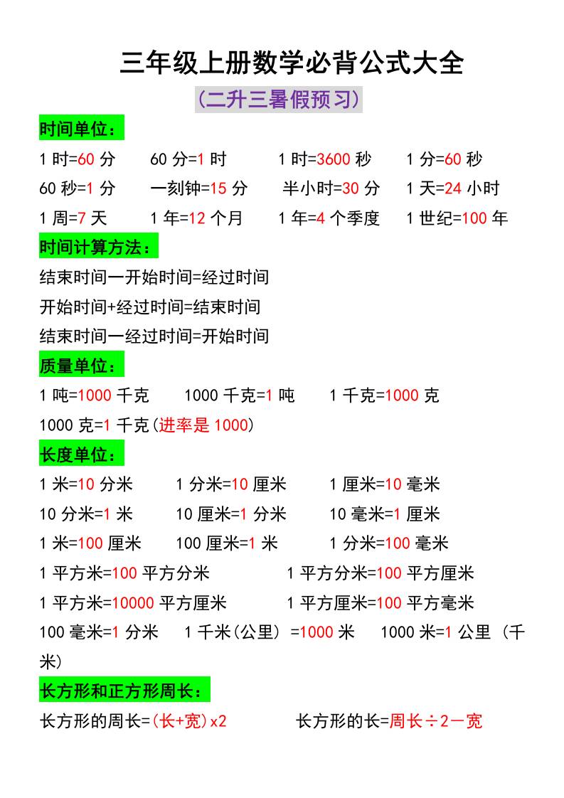 三年级上册数学必背公式大全-伏羲SAAS