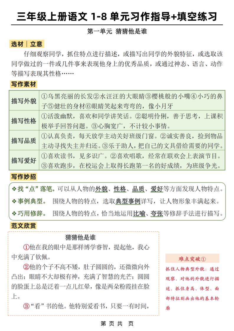 新三上语文1-8单元作文习作指导+填空练习(32页)-伏羲SAAS