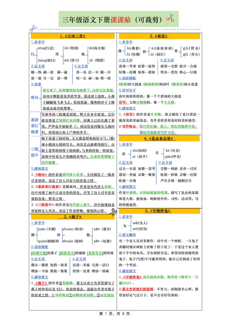三下语文全册彩色版课课贴（1-28课）8页-伏羲SAAS