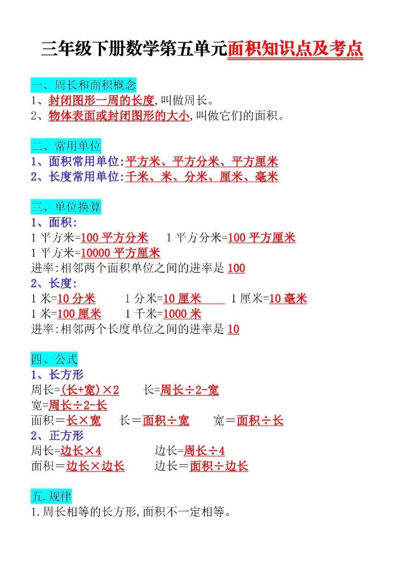 三下数学面积知识点与考点-伏羲SAAS