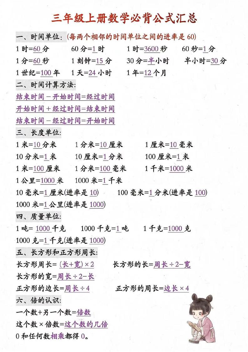 三年级上册数学必背知识汇总-伏羲SAAS