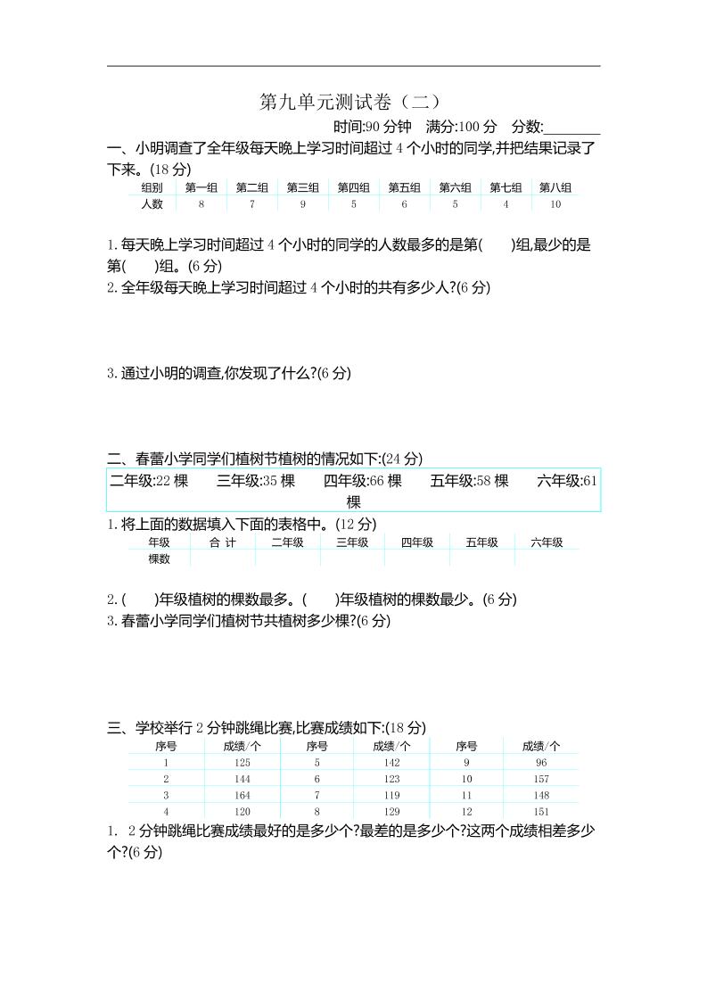 三下苏教版数学第九单元检测卷-2-伏羲SAAS