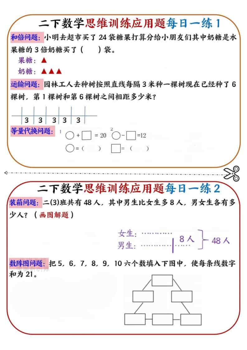 二年级下数学思维训练应用题每日一练小纸条-伏羲SAAS