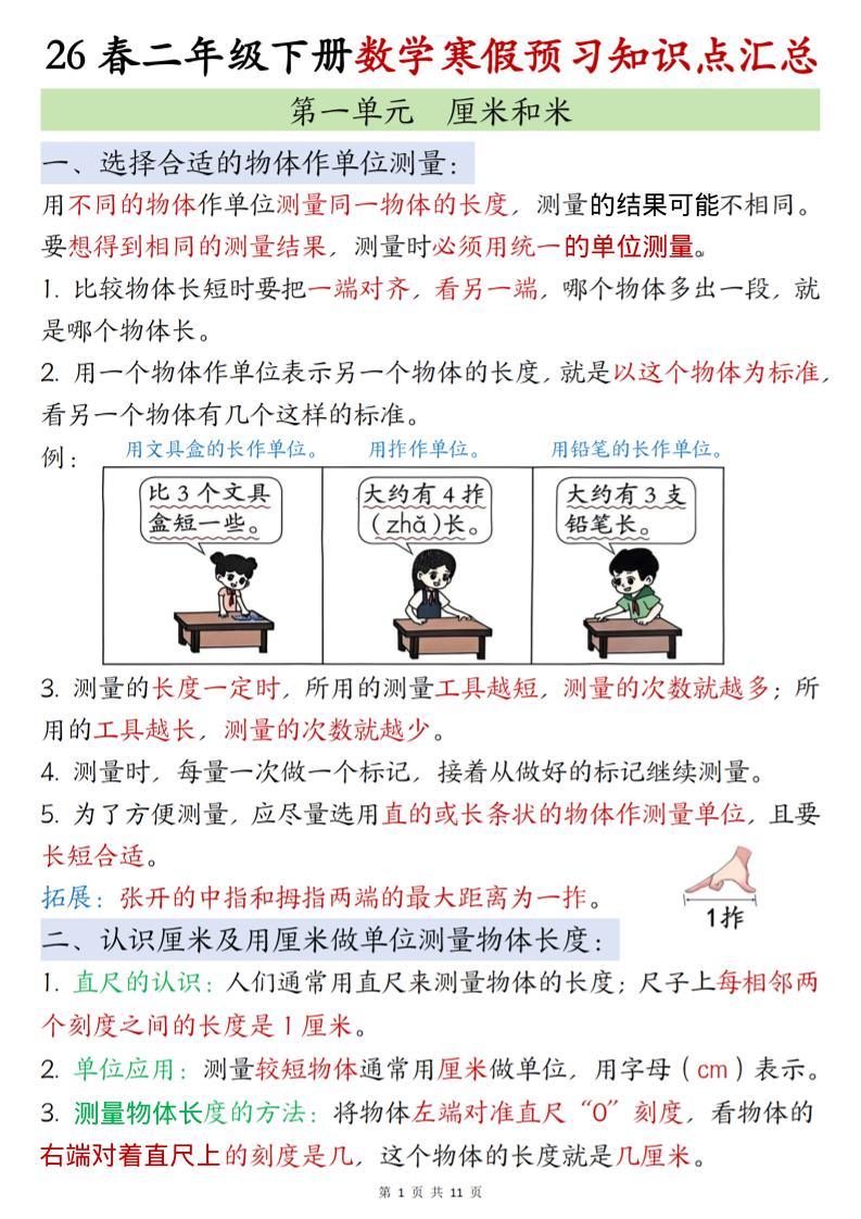 二年级下数学寒假预习知识点清单《苏教版》-伏羲SAAS