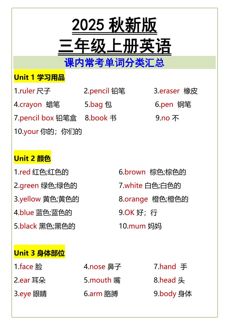 【2025秋新版】三年级上册英语课内常考单词分类汇总-伏羲SAAS