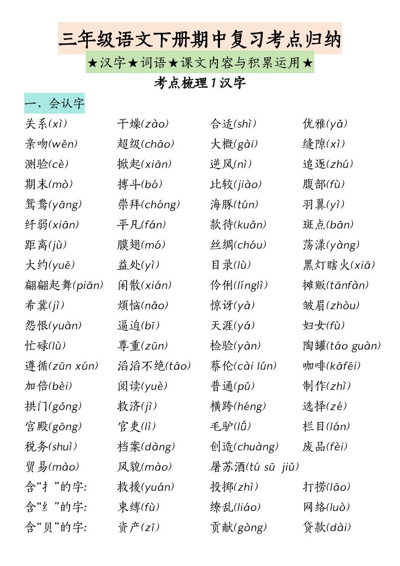 三下语文期中复习(汉字★词语★课文内容与积累运用)-伏羲SAAS