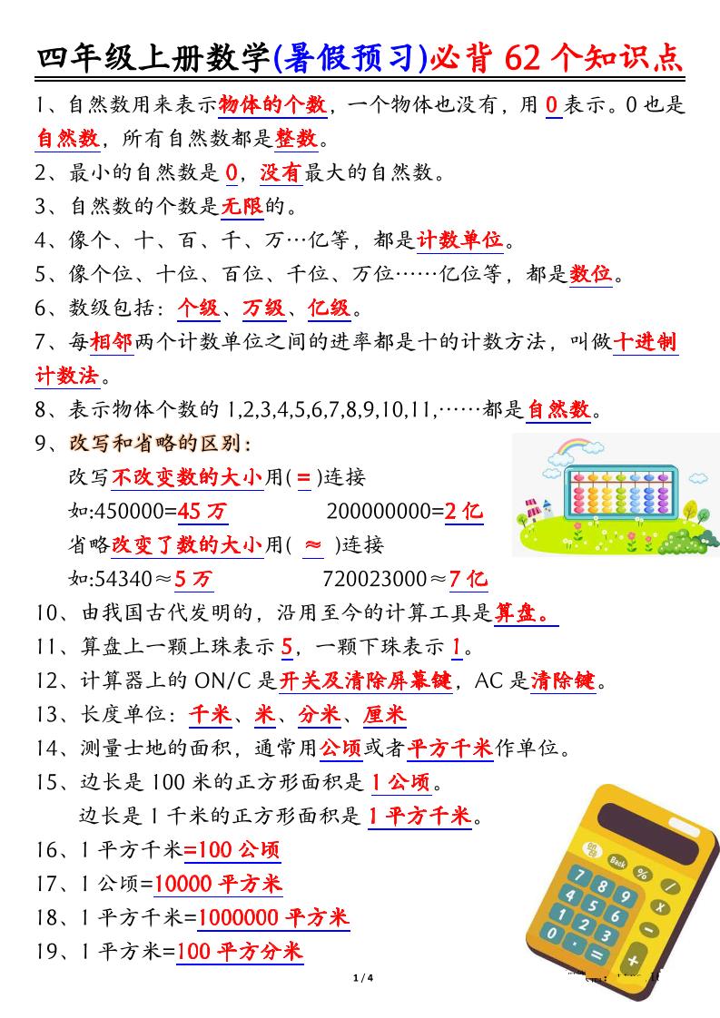 四上数学暑假预习必背62个知识点归纳（4页）-伏羲SAAS