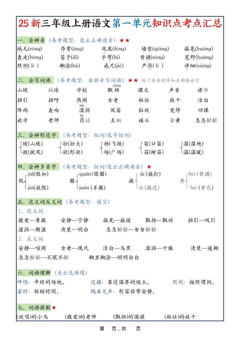25新三上语文1-8单元知识点考点汇总（24页）-伏羲SAAS