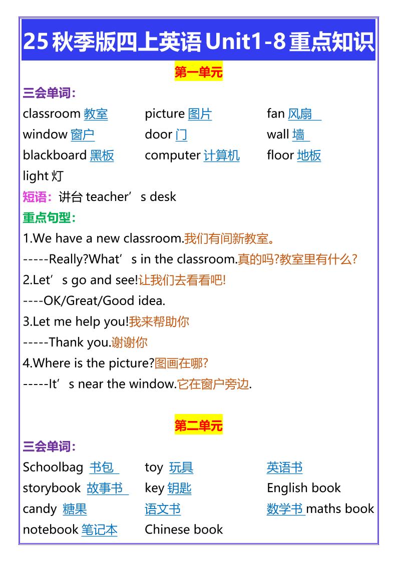 【2025秋新版】四年级上册英语Unit1-8重点知识-伏羲SAAS