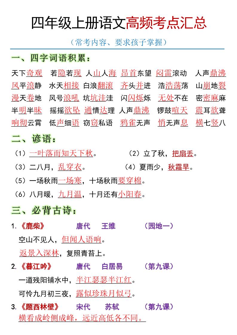 全册高频考点归类（节选）】四上语文-伏羲SAAS