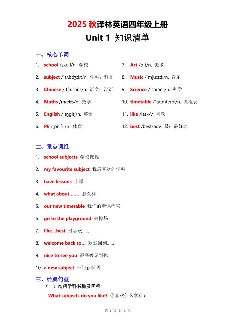 2025秋译林英语四上Unit1知识清单-伏羲SAAS