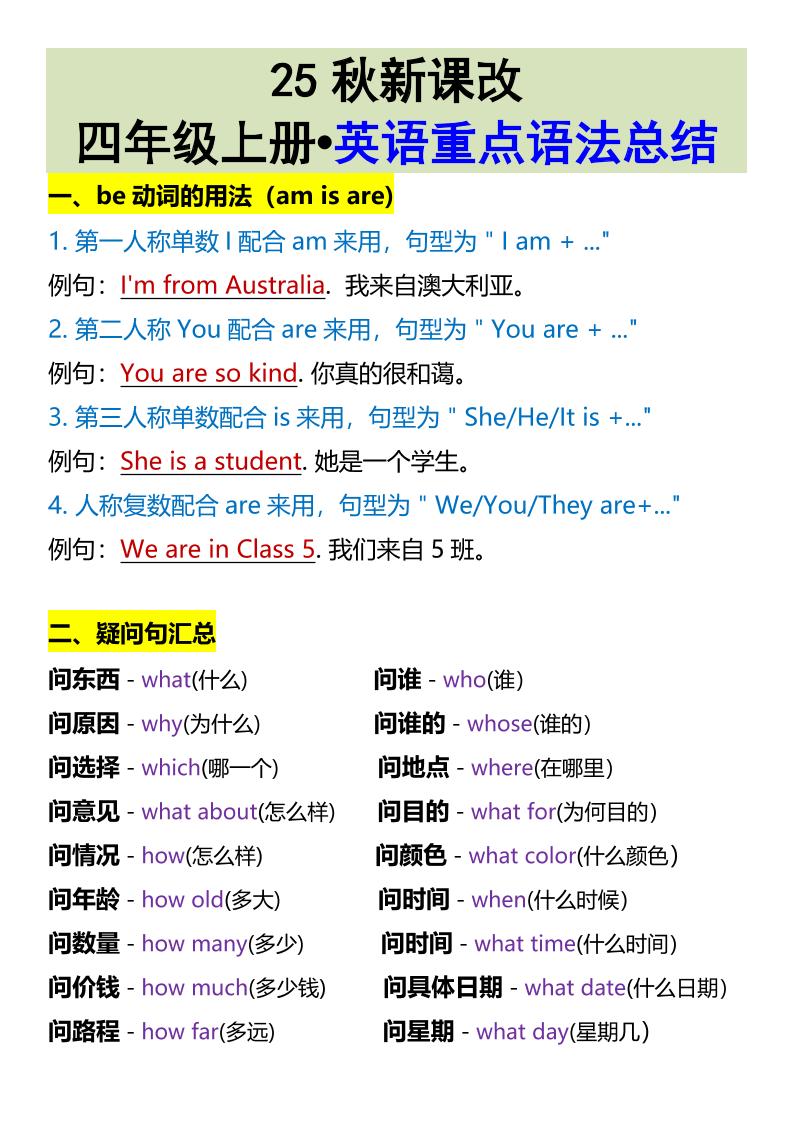 【2025秋新版】四年级上册•英语重点语法总结-伏羲SAAS