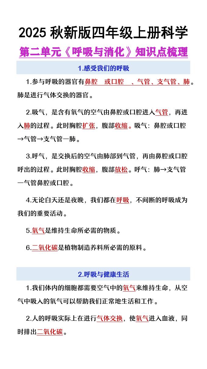 【2025秋新版】四年级上册语文第2单元《呼吸与消化》知识点梳理-伏羲SAAS