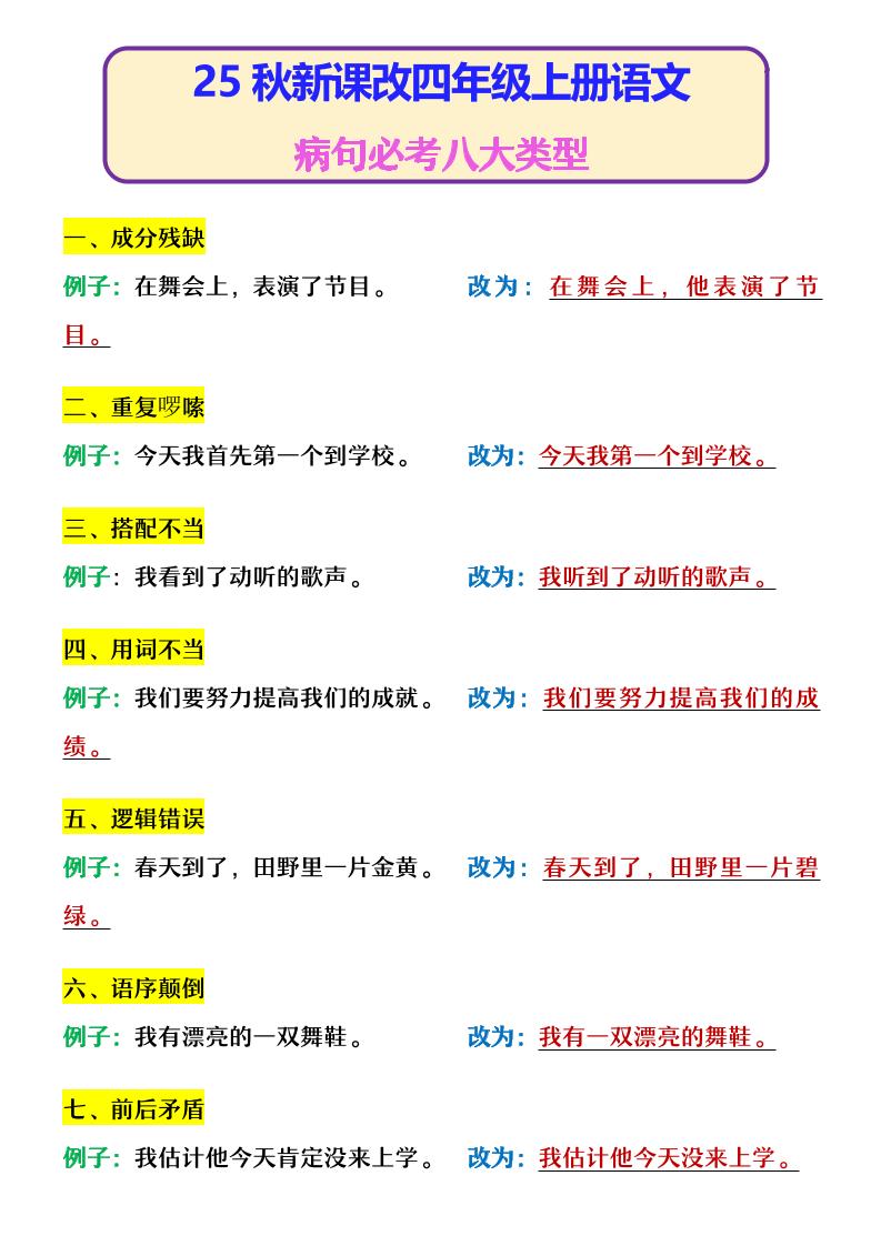 【2025秋新版】四年级上册语文病句必考八大类型-伏羲SAAS