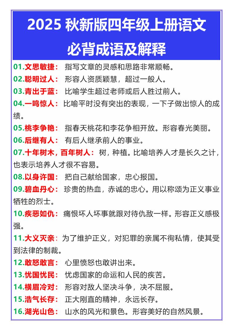 【2025秋新版】四年级上册语文必背成语及解释-伏羲SAAS