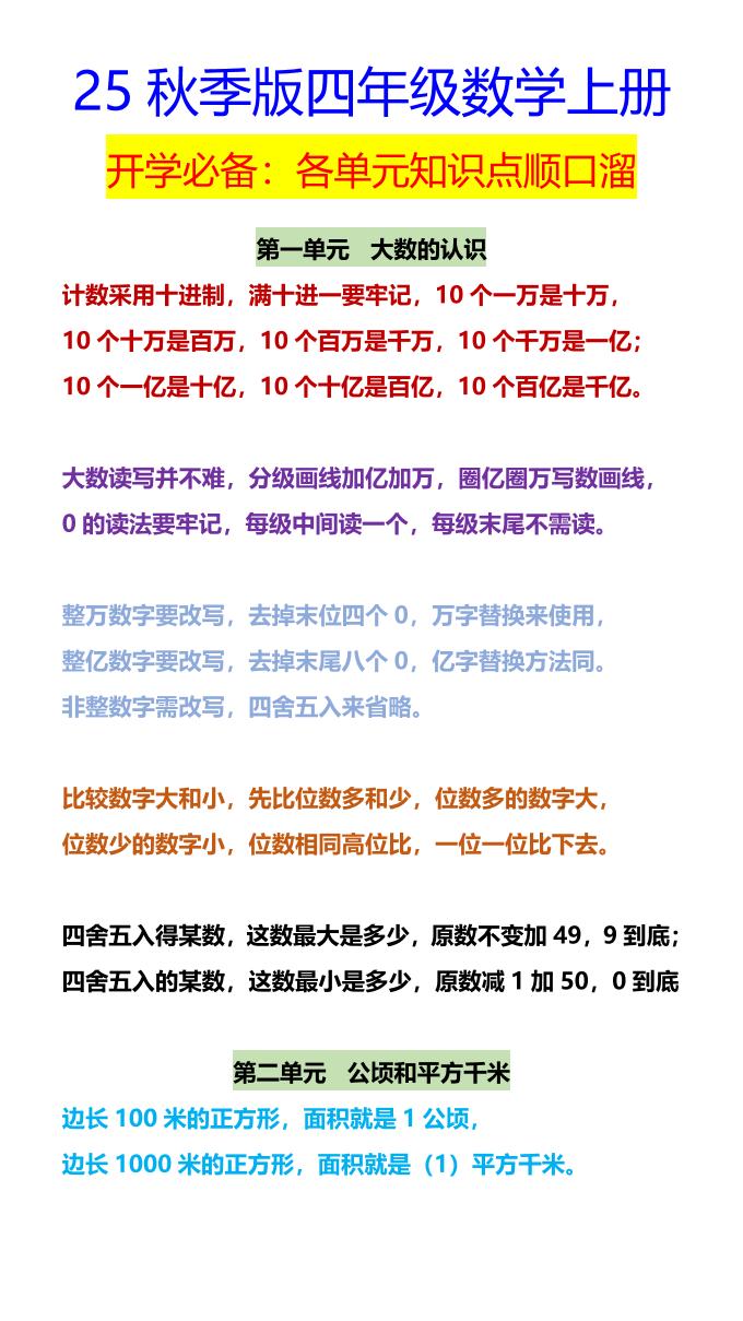 【2025秋新版】四年级数学上册开学必备：各单元知识点顺口溜-伏羲SAAS