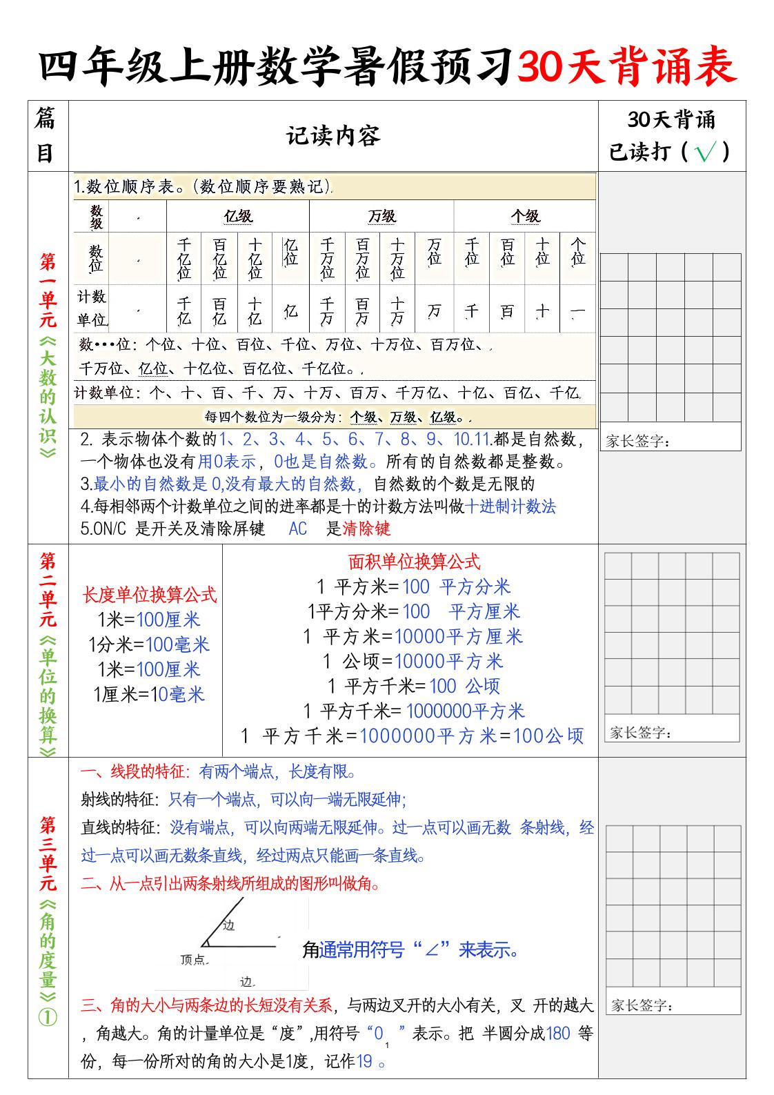 四上数学30天记录单-伏羲SAAS