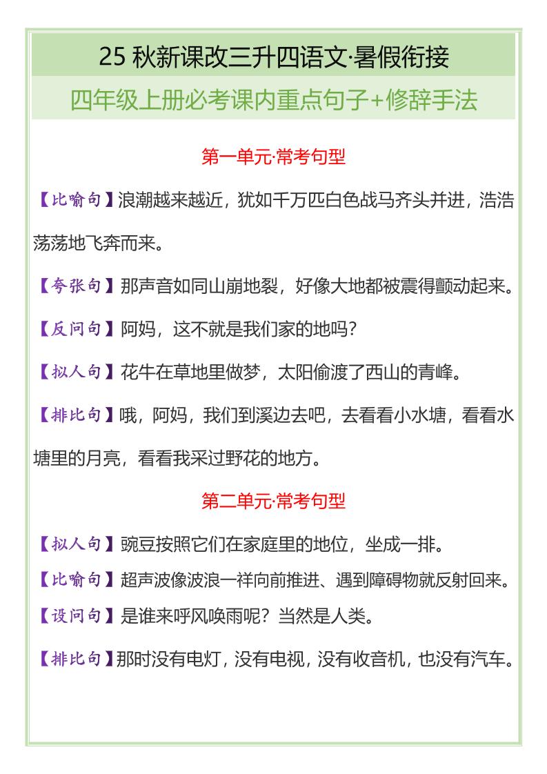【2025秋新版】四年级上册语文必考课内重点句子+修辞手法-伏羲SAAS